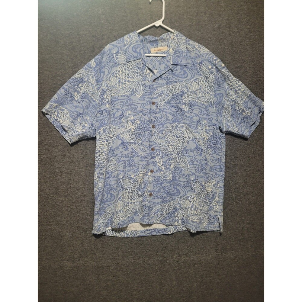 Tommy Bahama XL button front silk polo shirt blue flower foliage pocket koi fish